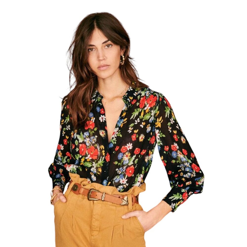 Sezane Black Floral Blouse